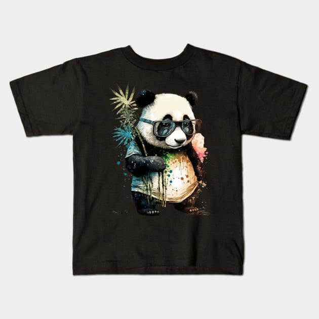 Artsy Shy Panda with Glasses ready for some Bamboo Eating Kids T-Shirt by RailoImage